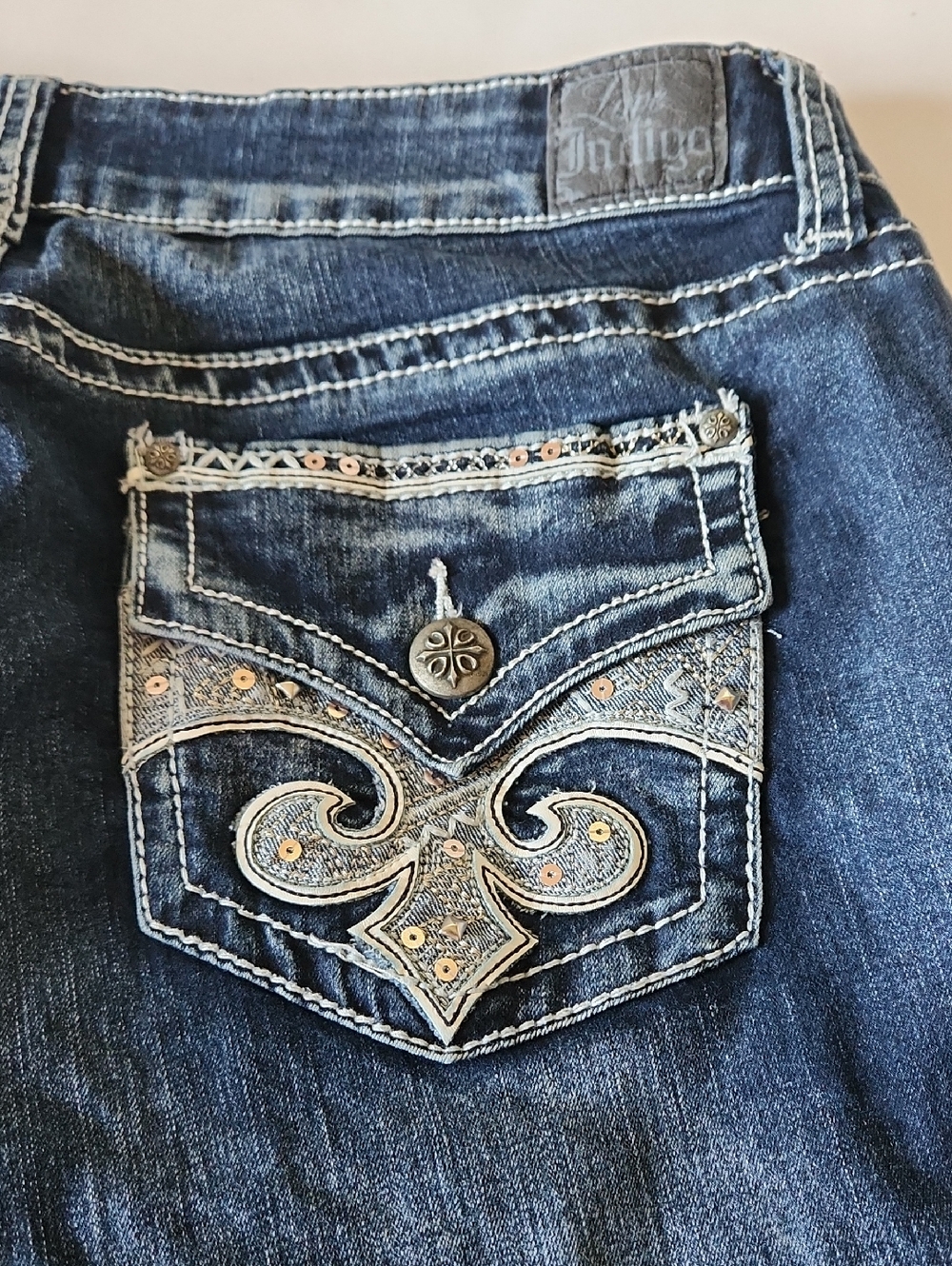 Indigo Dark Blue Boot Cut Jeans with Embroidered Pocket and Studs